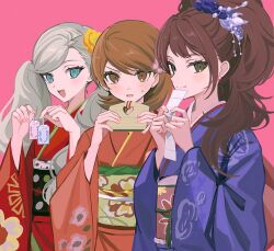 3girls blonde_hair blue_eyes blush brown_eyes brown_hair closed_mouth earrings ema flipped_hair floral_print flower grey_hair hair_flower hair_ornament heart holding holding_paper in-franchise_crossover japanese_clothes jewelry kimono kujikawa_rise long_hair long_sleeves looking_at_viewer multiple_girls new_year obi omikuji open_mouth paper parted_lips persona persona_3 persona_4 persona_5 pink_background pink_nails pswlv05 purple_kimono red_kimono revision sash short_hair smile stud_earrings sweatdrop takamaki_anne takeba_yukari tarot the_lovers_(tarot) trait_connection twintails upper_body wide_sleeves