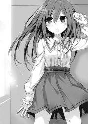 Rule 34 | 10s, 1girl, against wall, alternate hairstyle, arm up, blush, bow, collarbone, cowboy shot, date a live, dress shirt, closed eyes, floating hair, greyscale, hair bow, highres, long hair, monochrome, novel illustration, official art, open mouth, shirt, skirt, solo, standing, sweatdrop, takamiya mana, tsunako, white shirt