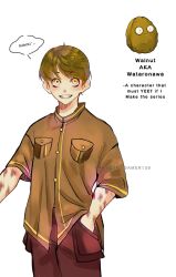 Rule 34 | 1boy, breast pocket, brown hair, brown shirt, bruise, bruise on arm, character name, collared shirt, commentary request, cowboy shot, dark brown pants, facing viewer, hand in pocket, highres, humanization, injury, looking up, male focus, multicolored clothes, multicolored shirt, personification, plants vs zombies, pocket, reka-san, shirt, short hair, simple background, smile, speech bubble, tagme, teeth, wall-nut (plants vs zombies), walnut, white background, yellow eyes, yellow shirt, yellow stripes