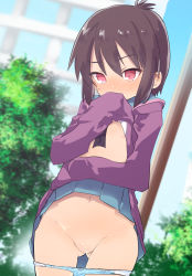 Rule 34 | a channel, areola slip, blush, brown hair, caburi, cameltoe, cleft of venus, clothes lift, covering own mouth, exhibitionism, hair between eyes, hand over own mouth, highres, ichii tooru, jacket, lifting own clothes, long sleeves, no bra, panties, panty pull, public indecency, red eyes, short hair, skirt, skirt lift, solo, standing, underwear, wide sleeves