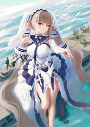 Rule 34 | 1girl, absurdres, aircraft, azur lane, blonde hair, blush, breasts, closed mouth, dress, formidable (azur lane), formidable (timeless classics) (azur lane), hair ornament, hand in own hair, highres, jewelry, large breasts, legs, long hair, looking at viewer, low twintails, mithiril, ocean, red eyes, ring, solo, twintails, very long hair, white dress