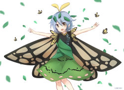 Rule 34 | 1girl, :d, absurdres, bare arms, bug, butterfly, butterfly wings, dress, eternity larva, hidden star in four seasons, highres, insect, insect wings, leaf, monarch butterfly, open mouth, outstretched arms, sanzuri, short hair, smile, spread arms, touhou, wings, yellow eyes