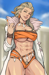 Rule 34 | 1girl, abs, absurdres, blue eyes, blurry, blurry background, bracelet, breasts, brown hair, cleavage, collarbone, creatures (company), day, earrings, female focus, female pubic hair, forehead, fur collar, game freak, grin, half-closed eyes, highres, jewelry, lab coat, large breasts, looking at viewer, muscular, muscular female, naavs, nail polish, navel, necklace, nintendo, orange nails, outdoors, pokemon, pokemon sv, pubic hair, pubic hair peek, sada (pokemon), shiny skin, sky, smile, smug, solo, standing, thick thighs, thighs, underboob