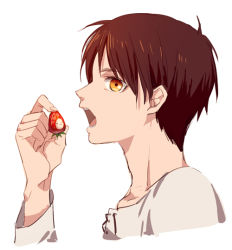 Rule 34 | 1boy, bad id, bad pixiv id, bangoul, brown hair, eating, eren yeager, food, fruit, male focus, open mouth, shingeki no kyojin, short hair, simple background, solo, strawberry, white background, yellow eyes