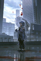 Rule 34 | 1boy, arknights, bare shoulders, black footwear, black gloves, black pants, black shirt, black sleeves, blue hair, boots, building, chinese commentary, cityscape, closed mouth, clothing cutout, cloud, cloudy sky, commentary request, day, detached sleeves, flower, full body, gloves, highres, holding, holding umbrella, jacket, layered sleeves, light frown, long hair, long sleeves, looking ahead, male focus, mizuki (arknights), outdoors, pants, pink eyes, railing, rain, red flower, reflective floor, see-through, see-through jacket, see-through sleeves, shirt, shoulder cutout, sidelocks, sisou, sky, skyscraper, solo, standing, transparent, transparent umbrella, trap, turtleneck, umbrella, very long hair, wide sleeves, window