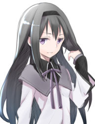 Rule 34 | 1girl, akemi homura, arm at side, black capelet, black hair, black hairband, capelet, close-up, female focus, flat chest, hair between eyes, hairband, hand in own hair, hand up, light smile, long hair, long sleeves, looking away, magical girl, mahou shoujo madoka magica, mahou shoujo madoka magica (anime), moexxmoe, parted bangs, purple eyes, purple ribbon, ribbon, shirt, simple background, smile, solo, upper body, white background, white shirt