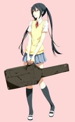 Rule 34 | 1girl, black hair, brown eyes, female focus, full body, guitar case, instrument case, k-on!, long hair, nakano azusa, school uniform, simple background, skirt, solo, sousou (sousouworks), standing, sweater vest, twintails