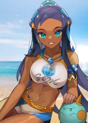 Rule 34 | &gt; o, 1girl, armlet, bare shoulders, beach, bike shorts, black hair, blue eyes, blue hair, blue sky, blush, breasts, chewtle, clothes writing, collarbone, commentary request, creatures (company), dark-skinned female, dark skin, day, earrings, eyeshadow, forehead, game freak, gen 8 pokemon, hair bun, highres, hoop earrings, horizon, jewelry, katwo, long hair, looking at viewer, makeup, medium breasts, multicolored hair, navel, necklace, nessa (pokemon), nintendo, ocean, one eye closed, outdoors, parted lips, pokemon, pokemon (creature), pokemon swsh, single hair bun, sitting, sky, smile, sports bra, stomach, toned, two-tone hair, very long hair