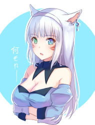 Rule 34 | 10s, 1girl, animal ears, bare shoulders, blush, breast hold, breasts, cat ears, cleavage, detached sleeves, earrings, final fantasy, final fantasy xiv, gloves, hairband, headband, heterochromia, highres, itachi kanade, jewelry, large breasts, miqo&#039;te, simple background, solo, upper body, warrior of light (ff14), white gloves, white hair