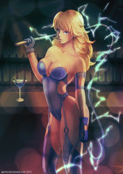 Rule 34 | 1girl, blonde hair, breasts, cleavage, cocktail, electra (bare knuckle), electricity, gloves, highres, jaimito, large breasts, leotard, lips, long hair, sega, solo, streets of rage, streets of rage 3, thighhighs, weapon, whip