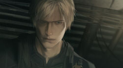 Rule 34 | 1boy, black shirt, blonde hair, bulletproof vest, cable, ceiling, closed mouth, highres, indoors, leon s. kennedy, lynnn28208524, male focus, parted bangs, police, police uniform, resident evil, resident evil 2, resident evil 2 (remake), serious, shirt, short hair, solo, swept bangs, uniform, upper body