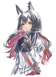 Rule 34 | 1girl, animal ear fluff, animal ears, arknights, black capelet, black gloves, black hair, capelet, cigarette, colored inner hair, commentary, ear piercing, fingerless gloves, gawako, gloves, hand up, high collar, highres, holding, holding cigarette, id card, jacket, long sleeves, multicolored hair, parted lips, piercing, red hair, shoulder strap, simple background, smoke, smoking, solo, texas (arknights), upper body, white background, white jacket, wolf ears, yellow eyes, yellow pupils