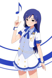 Rule 34 | 1girl, blue hair, blue neckwear, blush, buttons, closed mouth, collared shirt, cowboy shot, flat chest, frilled skirt, frills, hand up, highres, idol, idolmaster, idolmaster (classic), index finger raised, kisaragi chihaya, long hair, looking at viewer, musical note, pointing, shirt, short sleeves, simple background, skirt, smile, solo, wrist cuffs, yahiro (epicopeiidae)
