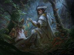 Rule 34 | 1boy, 1girl, artist name, axe, black footwear, black hair, boots, bug, butterfly, european clothes, facial scar, forest, gloves, hat, hatchet (axe), highres, insect, magic: the gathering, mushroom, nature, nereida art, outdoors, pants, scar, scar on cheek, scar on face, tree, tricorne, watermark, white gloves