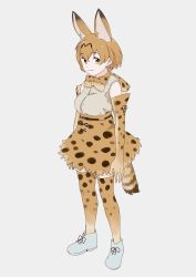 Rule 34 | 1girl, animal ears, bad id, bad twitter id, bow, bowtie, elbow gloves, extra ears, full body, gloves, grey background, high-waist skirt, highres, kemono friends, ojipon, pantyhose, print bow, print bowtie, print gloves, print neckwear, print skirt, serval (kemono friends), serval print, serval tail, shirt, simple background, skirt, sleeveless, sleeveless shirt, solo, standing, striped tail, tail, thighband pantyhose, white footwear