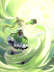 Rule 34 | 1girl, absurdres, artist name, bad id, bad pixiv id, black thighhighs, boots, detached sleeves, dress, elf, elsword, green background, green eyes, green hair, green theme, highres, knee boots, long hair, matching hair/eyes, outstretched hand, pointy ears, ponytail, rena erindel, smile, solo, swd3e2, thighhighs, wind, wind sneaker (elsword)