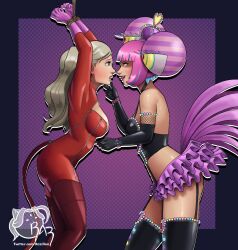 Rule 34 | 2girls, arms up, ass, bdsm, blue eyes, bodysuit, bound, bound arms, breasts, catsuit, cleavage, crown, eye contact, femdom, frilled skirt, frills, garter straps, gloves, highres, hiiragi alice, looking at another, medium breasts, microskirt, mini crown, multiple girls, persona, persona 5, persona 5 scramble: the phantom strikers, pink gloves, pink hair, razillon, red bodysuit, shadow alice (persona 5 scramble), skirt, smile, takamaki anne, thighhighs, twintails, undressing another, unzipping, yellow eyes, yuri, zipper