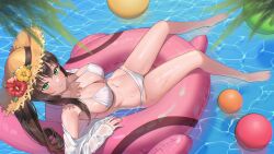 Rule 34 | 1girl, absurdres, armpits, ball, bare legs, bare shoulders, barefoot, beachball, bikini, breasts, brown hair, brown hat, caustics, cleavage, closed mouth, flower, from above, green eyes, halterneck, hat, hat flower, highres, innertube, large breasts, long hair, long sleeves, looking at viewer, navel, neil (neil nim), off shoulder, open clothes, open shirt, original, ponytail, see-through, shirt, sidelocks, smile, solo, stomach, straw hat, string bikini, swim ring, swimsuit, thighs, water, wet, wet clothes, wet shirt, white bikini, white shirt