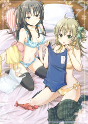 Rule 34 | 2girls, :o, ahoge, arm support, bed, bedroom, bikini, black hair, blue eyes, blush, bra, breasts, cleavage, clothes in front, courreges ace, dengeki moeou, face, frilled bikini, frilled bra, frilled panties, frills, green eyes, green hair, indoors, lingerie, long hair, medium breasts, multiple girls, on bed, one-piece swimsuit, original, panties, pillow, plaid, plaid skirt, polka dot, school swimsuit, side-tie bikini bottom, side-tie panties, sitting, skirt, skirt around one leg, socks, swimsuit, thighhighs, twintails, underwear, underwear only, wariza, white one-piece swimsuit, white school swimsuit
