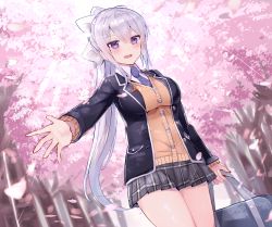 Rule 34 | 1girl, bad id, bad pixiv id, bag, blazer, blush, bow, breasts, cardigan, hair bow, hair ornament, hairclip, highres, higuchi kaede, higuchi kaede (1st costume), jacket, large breasts, long hair, long sleeves, looking at viewer, miniskirt, mole, mole under eye, necktie, nijisanji, nonon (xenonbot), open clothes, open jacket, outdoors, pleated skirt, ponytail, purple eyes, school bag, school uniform, silver hair, skirt, smile, solo, standing, thighs, virtual youtuber, white bow