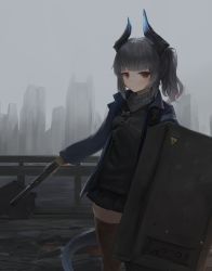 Rule 34 | 1girl, absurdres, arknights, ballistic shield, black skirt, black sweater, blue jacket, blunt bangs, blush, brown eyes, brown thighhighs, cityscape, closed mouth, cloud, cloudy sky, cowboy shot, dokomon, dragon horns, grey hair, gun, highres, holding, holding clothes, holding gun, holding shirt, holding weapon, horns, jacket, liskarm (arknights), long hair, long sleeves, looking at viewer, miniskirt, open clothes, open jacket, outdoors, pleated skirt, ponytail, riot shield, shield, shirt, sidelocks, skirt, sky, solo, sweater, thighhighs, weapon, zettai ryouiki