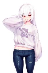 Rule 34 | 1girl, blue pants, blush, clothes writing, commentary request, denim, dev (dev0614), english text, hair between eyes, hair ornament, hairclip, hand up, highres, jeans, long hair, long sleeves, looking away, looking to the side, midriff, navel, open mouth, original, pants, puffy long sleeves, puffy sleeves, red eyes, simple background, sleeves past wrists, solo, sweater, torn clothes, torn pants, white background, white hair, white sweater