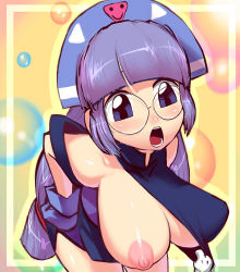Rule 34 | 00s, 1girl, blunt bangs, breasts, breasts out, glasses, gloves, gluko, headdress, large breasts, leaning forward, long hair, nipples, open mouth, purple eyes, purple hair, rokumon tengai mon colle knight, sawao, wardrobe malfunction