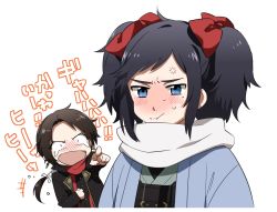 Rule 34 | &gt;:t, 10s, 1672, 2boys, :t, alternate hairstyle, anger vein, bad id, bad pixiv id, black hair, blue eyes, blush, bow, brown hair, hair bow, japanese clothes, kashuu kiyomitsu, laughing, male focus, md5 mismatch, mole, mole under eye, multiple boys, nail polish, pointing, red eyes, red nails, red scarf, scarf, tears, touken ranbu, translation request, twintails, v-shaped eyebrows, white scarf, yamato-no-kami yasusada