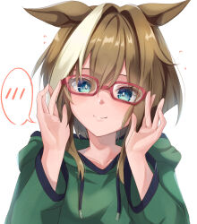Rule 34 | 1girl, absurdres, adjusting eyewear, blush, breasts, brown hair, casual, cheval grand (umamusume), collarbone, commentary request, embarrassed, hair between eyes, highres, horse girl, looking at viewer, medium breasts, pandoa (mikage0495), portrait, simple background, smile, solo, umamusume, white background