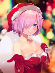 Rule 34 | 1girl, alternate costume, bag, blurry, blurry background, blush, breasts, cleavage, collarbone, elbow gloves, fate/grand order, fate (series), fur-trimmed headwear, fur trim, gift bag, gloves, grin, hair over one eye, hat, highres, holding, holding bag, lens flare, looking at viewer, mash kyrielight, medium breasts, pink eyes, pink hair, reaching, reaching towards viewer, red gloves, red hat, sabi (rupf2384), santa costume, santa hat, short hair, smile, solo, strapless, upper body