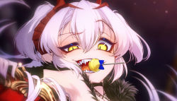 Rule 34 | 1girl, arm up, barbatos (dungeon defense), bare shoulders, biting, black choker, blue bow, blurry, blurry background, blush, bow, candy, choker, cluseller, cropped, dungeon defense, eating, female focus, food, fur collar, half-closed eye, happy, horns, light blush, light particles, lollipop, long hair, looking at viewer, mouth hold, open mouth, portrait, raised eyebrow, sharp teeth, slit pupils, smile, smug, solo, teeth, two side up, uneven eyes, upper body, white hair, yellow eyes