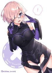 Rule 34 | !, 1girl, armor, armored boots, armored dress, black dress, blush, boots, breasts, copyright name, dress, elbow gloves, fate/grand order, fate (series), faulds, glasses, gloves, hair over one eye, large breasts, mash kyrielight, mishima kurone, open mouth, pink hair, purple eyes, simple background, solo, spoken exclamation mark, thigh boots, thighhighs, two-tone background