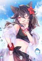 Rule 34 | 1girl, ;p, animal ear fluff, animal ears, bikini, black bikini, black hair, blue sky, blush, closed mouth, cloud, cloudy sky, commentary request, day, flower, hagoromo, hair between eyes, hair bun, hair flower, hair ornament, hand on own hip, hand up, hibiscus, highres, ittokyu, long hair, navel, one eye closed, original, outdoors, red eyes, red flower, sarong, see-through, shawl, sky, smile, solo, swimsuit, tongue, tongue out