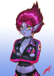 Rule 34 | 1girl, absurdres, breasts, choker, cleavage, colored skin, crossed arms, earrings, evelynn (league of legends), evelynn (old), facial mark, forehead mark, gradient background, heewon lee, highres, jacket, jewelry, league of legends, lipstick, makeup, midriff, navel, pink hair, pointy ears, purple lips, purple skin, signature, solo, upper body, yellow eyes