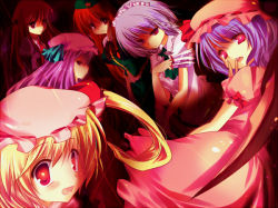 Rule 34 | 6+girls, :o, bad id, bad pixiv id, bat wings, blonde hair, braid, dutch angle, embodiment of scarlet devil, female focus, flandre scarlet, from behind, hong meiling, izayoi sakuya, kinoko (hkn), koakuma, looking at viewer, multiple girls, open mouth, patchouli knowledge, puffy short sleeves, puffy sleeves, purple hair, red eyes, remilia scarlet, short hair, short sleeves, side ponytail, silver hair, touhou, twin braids, wings