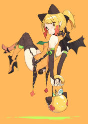 Rule 34 | 1girl, animal ears, black thighhighs, blonde girl (cloba), blonde hair, blush, boots, breasts, bright pupils, candy, candy cane, cloba, earrings, food, hair ornament, hair ribbon, halloween, halloween bucket, halloween costume, highres, jewelry, long hair, orange theme, original, ribbon, short ponytail, small breasts, solo, thighhighs, wings, yellow eyes