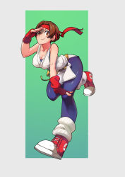 Rule 34 | 1girl, ass, breasts, brown eyes, brown hair, cleavage, closed mouth, commentary, dougi, fingerless gloves, gloves, headband, highres, ioioi (2466400725), looking at viewer, ryuuko no ken, shoes, short hair, smile, sneakers, socks, solo, spandex, the king of fighters, yuri sakazaki