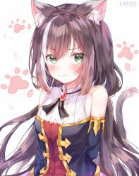 Rule 34 | 1girl, absurdres, animal ear fluff, animal ears, bad id, bad pixiv id, bare shoulders, black neckwear, blush, breasts, brown hair, cat, cat ears, cat girl, cat tail, commentary request, dasha, detached sleeves, dress, gem, green eyes, highres, karyl (princess connect!), long hair, looking at viewer, low twintails, medium breasts, multicolored hair, paw print, princess connect!, simple background, sleeveless, sleeveless dress, solo, streaked hair, tail, twintails, upper body, very long hair, white background, white hair