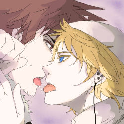 Rule 34 | 00s, 2boys, artist request, blonde hair, blue eyes, brown hair, french kiss, giriko (soul eater), justin law, kiss, looking at another, lowres, male focus, multiple boys, open mouth, priest, profile, saliva, short hair, soul eater, yaoi