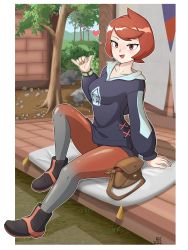 Rule 34 | 1girl, :d, absurdres, arezu (pokemon), arm support, boots, border, bracelet, brown bag, collarbone, commentary, creatures (company), cushion, day, eyelashes, game freak, hand up, heart, highres, jacket, jewelry, long sleeves, nintendo, open mouth, outdoors, outline, pantyhose, pantyhose under shorts, pokemon, pokemon legends: arceus, red eyes, red hair, sembem, short hair, short shorts, shorts, sitting, smile, solo, swept bangs, tongue, tree, white border