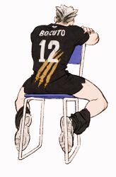 Rule 34 | 1boy, black shirt, black shorts, bokuto koutarou, chair, chengongzi123, chinese commentary, commentary request, facing away, full body, grey hair, haikyuu!!, highres, male focus, multicolored hair, shirt, shoes, short hair, short sleeves, shorts, simple background, sitting, sneakers, sportswear, streaked hair, very short hair, volleyball uniform, white background