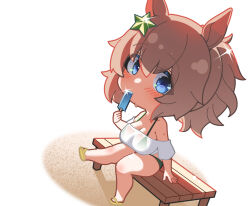 Rule 34 | 1girl, animal ears, bench, blue eyes, breasts, chibi, collarbone, commentary, eating, flip-flops, food, glint, hair ornament, holding, holding food, holding popsicle, horse ears, horse girl, huge breasts, light brown hair, long hair, looking at viewer, on bench, ponytail, popsicle, sandals, see-through, short sleeves, sitting, solo, star (symbol), star hair ornament, sweat, swimsuit, swimsuit under clothes, taiki shuttle (umamusume), thighs, umamusume, warashi