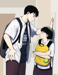 Rule 34 | 1boy, 1girl, after school lessons for unripe apples, backpack, bag, black eyes, black hair, eye contact, hand on own hip, height difference, hetero, highres, holding, holding bag, hwang mi-ae, indoors, kabedon, kim cheol, looking at another, school uniform, shirt, short hair, short sleeves, standing, tohachi, white shirt
