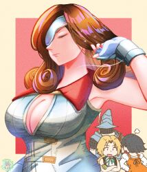 Rule 34 | 2boys, 2girls, adelbert steiner, aqua ribbon, armpits, bare shoulders, beatrix (ff9), bodysuit, breasts, brown hair, chibi, cleavage, closed eyes, crossed arms, curly hair, eyepatch, final fantasy, final fantasy ix, fingerless gloves, garnet til alexandros xvii, gloves, grey gloves, grey vest, hand in own hair, hands on own hips, hat feather, highres, juliet sleeves, large breasts, long sleeves, low ponytail, medium hair, morry kakaka, multiple boys, multiple girls, nail polish, neck ribbon, one eye covered, open mouth, orange bodysuit, parted bangs, puffy sleeves, red background, red nails, ribbon, shirt, short hair, smile, upper body, vest, white shirt, zidane tribal