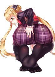 Rule 34 | 1girl, absurdres, ass, backpack, bag, black gloves, black thighhighs, blonde hair, blush, bow, double bun, dress, elbow gloves, feet, feet together, frills, from behind, gatari, gloves, hair bun, hair ornament, hand on ass, highres, long hair, looking at viewer, luna (shadowverse), no shoes, ribbon, school uniform, shadowverse, soles, solo, tears, thighhighs, toes, twintails, very long hair, white background, yellow eyes
