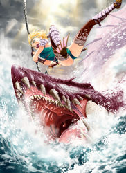 Rule 34 | 1girl, blonde hair, blue eyes, bungo, epic, highres, legs, monster, monster girl, ocean, open mouth, original, polearm, solo, spear, uvula, waves, weapon, yamashita bungo