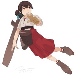 Rule 34 | 10s, 1girl, boots, brown eyes, brown footwear, brown hair, dated, flight deck, gloves, hakama, hakama skirt, highres, japanese clothes, kantai collection, kasuga maru (kancolle), partially fingerless gloves, partly fingerless gloves, red hakama, rota (bitmap1022), short hair, short sleeves, signature, simple background, skirt, solo, white background, yugake