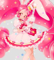 Rule 34 | 10s, 1girl, animal ears, cake hair ornament, choker, cowboy shot, cure whip, earrings, extra ears, food, food-themed hair ornament, food themed hair ornament, fruit, gloves, hair ornament, highres, jewelry, kirakira precure a la mode, long hair, looking at viewer, magical girl, pink eyes, pink hair, pom pom (clothes), pom pom earrings, precure, puffy short sleeves, puffy sleeves, rabbit ears, short sleeves, skirt, smile, solo, star (symbol), strawberry, tail, thighhighs, twintails, usami ichika, wand, white gloves, yukiumisaka