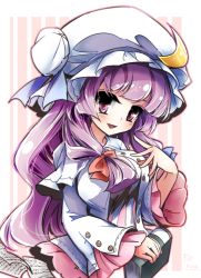 Rule 34 | 1girl, artist name, blue bow, blue ribbon, blunt bangs, book, bow, capelet, commentary, crescent, fifiruu, frills, hair bow, hat, hat ribbon, holding, holding book, long hair, long sleeves, mob cap, moon (ornament), open mouth, pages, patchouli knowledge, purple eyes, purple hair, red bow, ribbon, shirt, simple background, smile, solo, striped, striped background, touhou, upper body, very long hair, white hat, white shirt