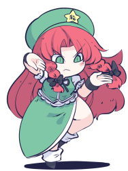 Rule 34 | 1girl, black footwear, blush stickers, braid, chahan (fried rice0614), closed mouth, dress, green dress, green eyes, green hat, hat, hat ornament, highres, hong meiling, long hair, one-hour drawing challenge, red hair, shirt, shoes, short sleeves, simple background, socks, solo, standing, standing on one leg, star (symbol), star hat ornament, touhou, twin braids, white background, white shirt, white socks